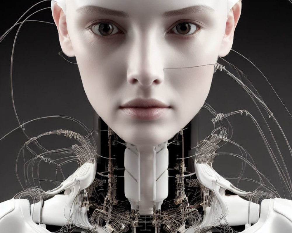 Humanoid Robot with Realistic Female Face and Exposed Mechanical Parts