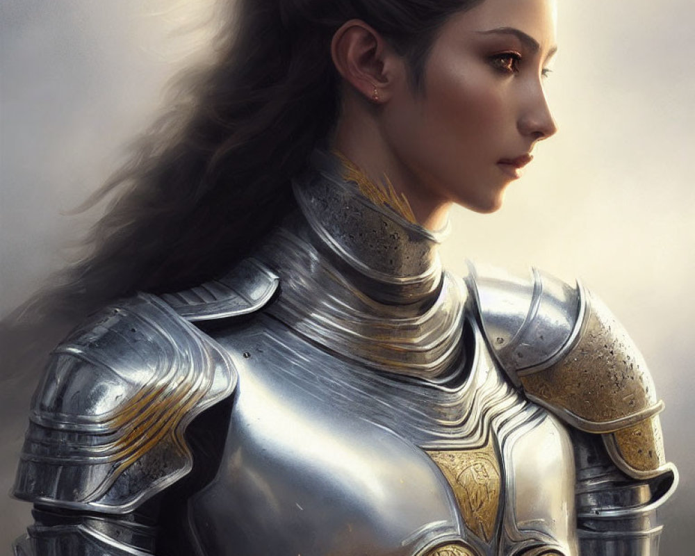 Digital artwork: Woman in ornate medieval armor with flowing hair and thoughtful expression