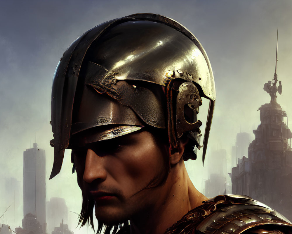 Ancient warrior in metallic helmet against futuristic cityscape