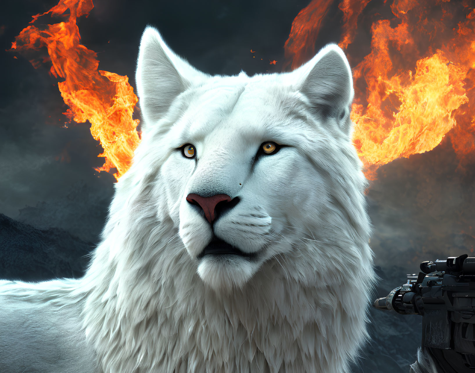 White Lion with Yellow Eyes Amid Flames and Smoke