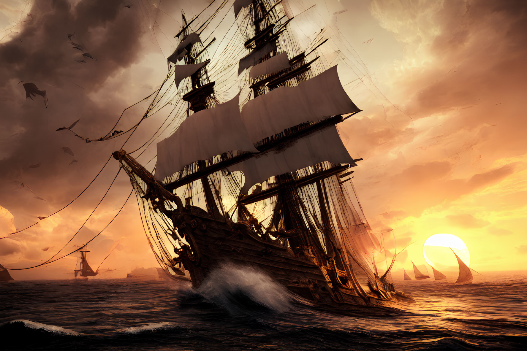 Vintage sailing ship with tall masts on golden ocean at sunset, seabirds, distant ships,