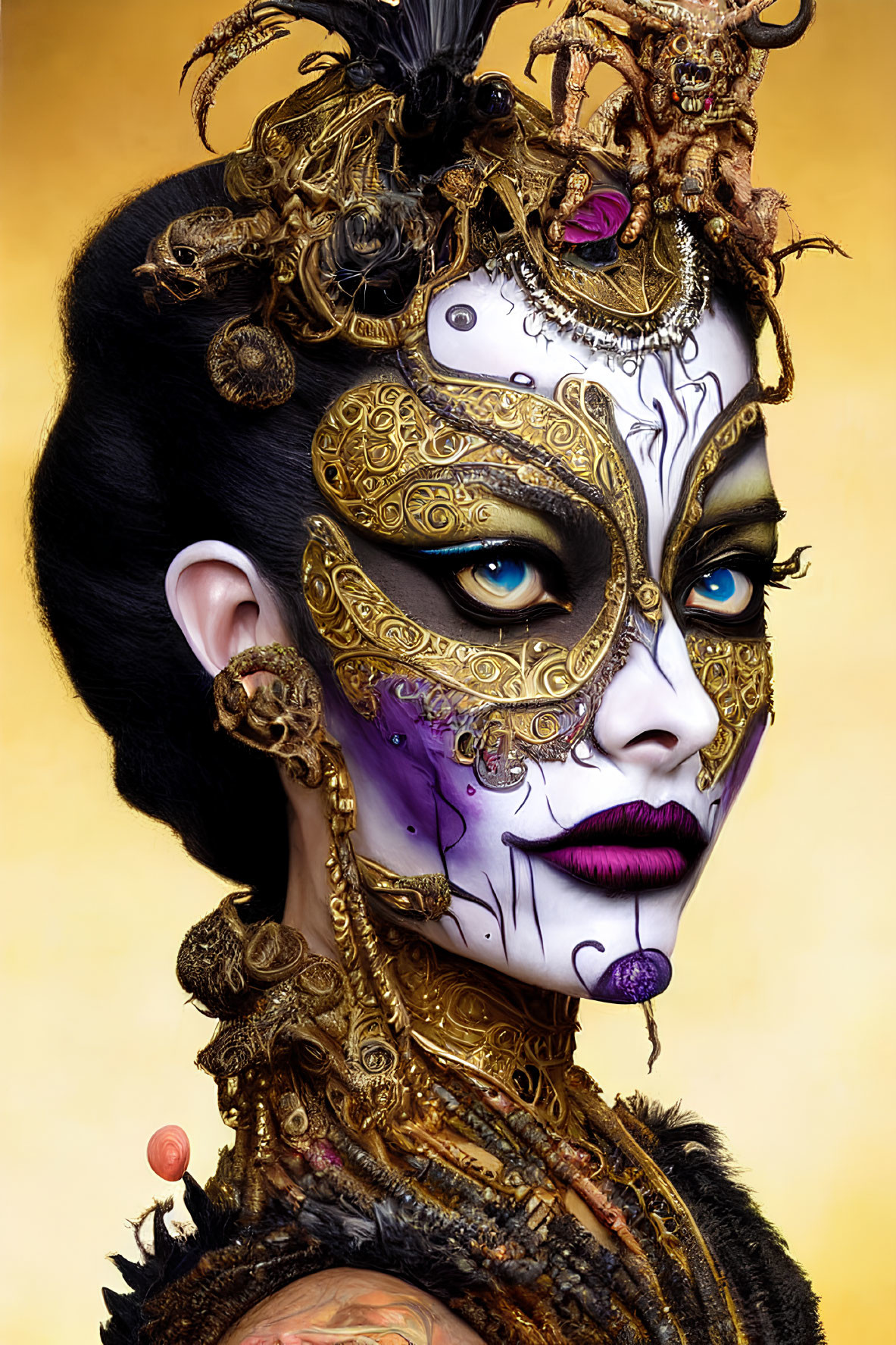 Intricate Makeup and Ornate Mask with Gold Filigree and Feathers