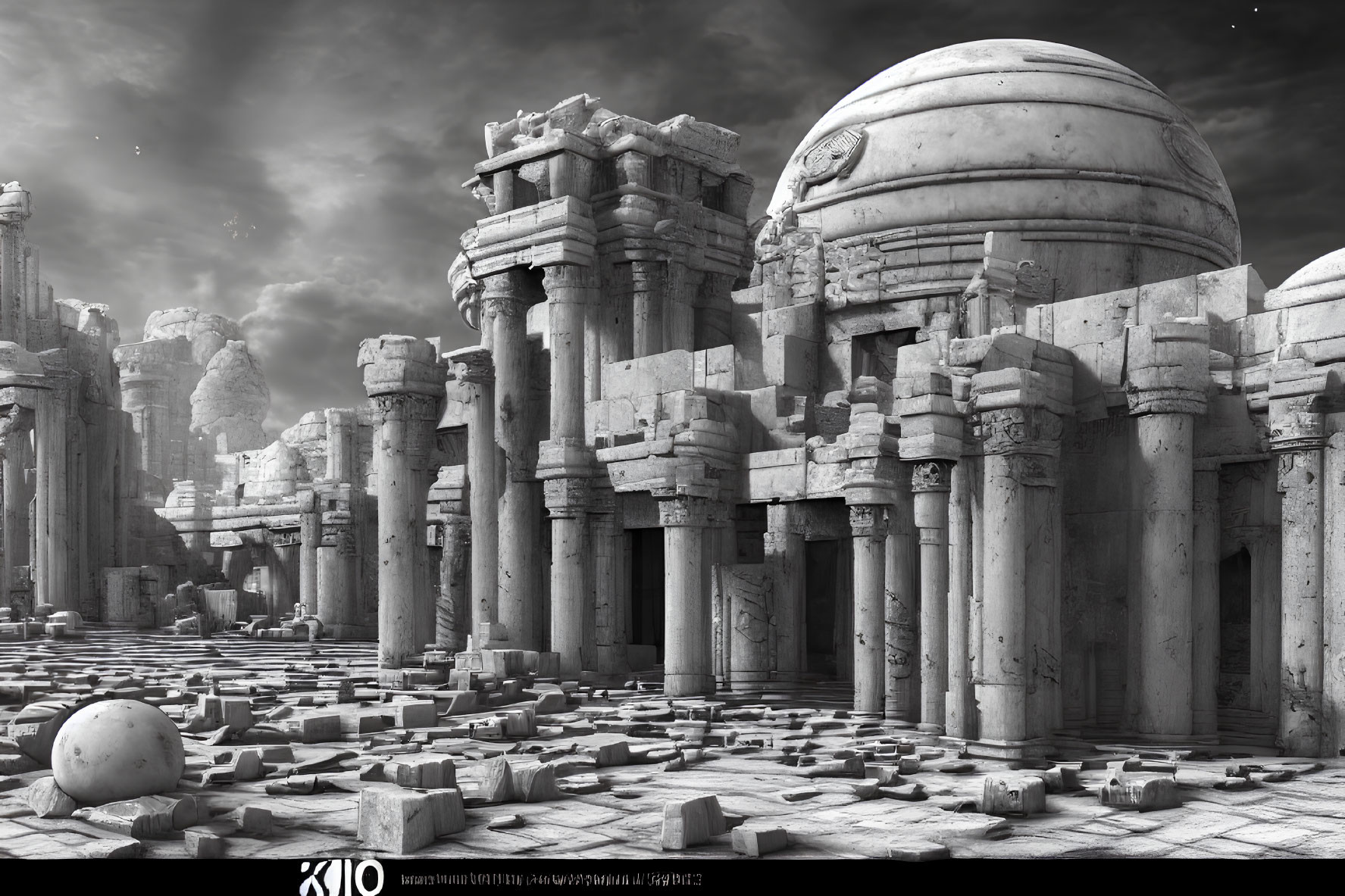 Ancient ruins with columns, fallen blocks, and a dome under a cloudy sky