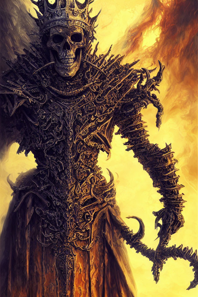 Skeletal figure in ornate armor with crown and scythe on fiery backdrop