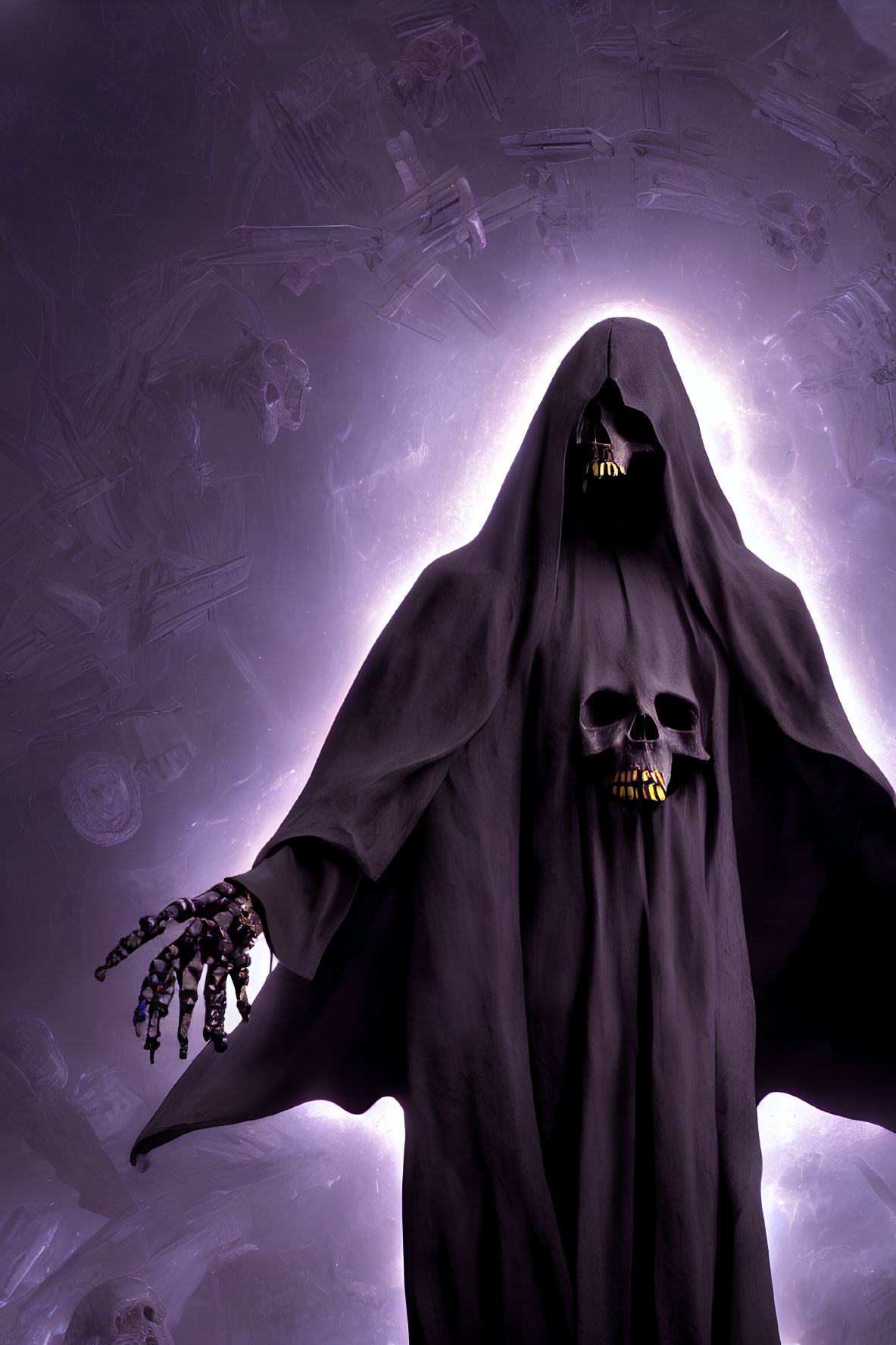 Skull-faced figure in cloak with skeletal hand, surrounded by purple mist and ghostly spaceships.