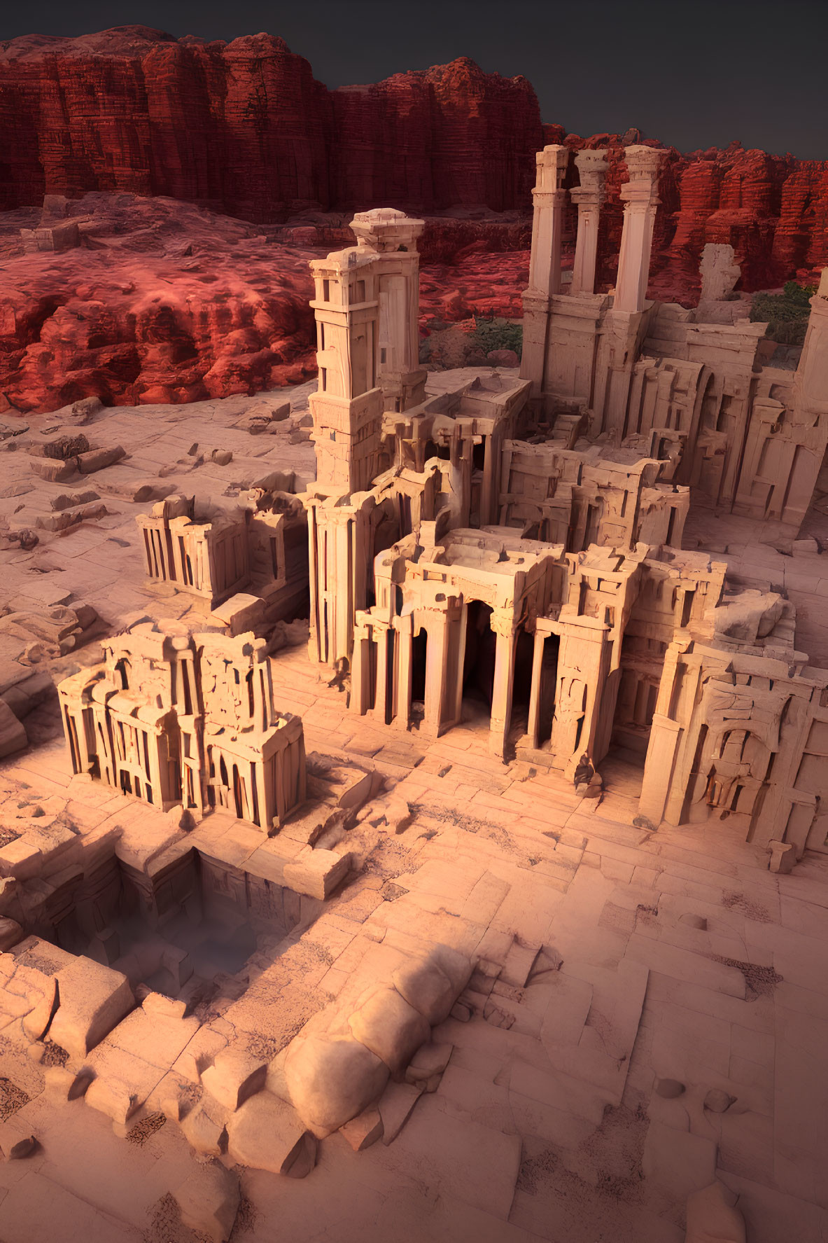 Ancient ruins with towering columns in rocky desert landscape