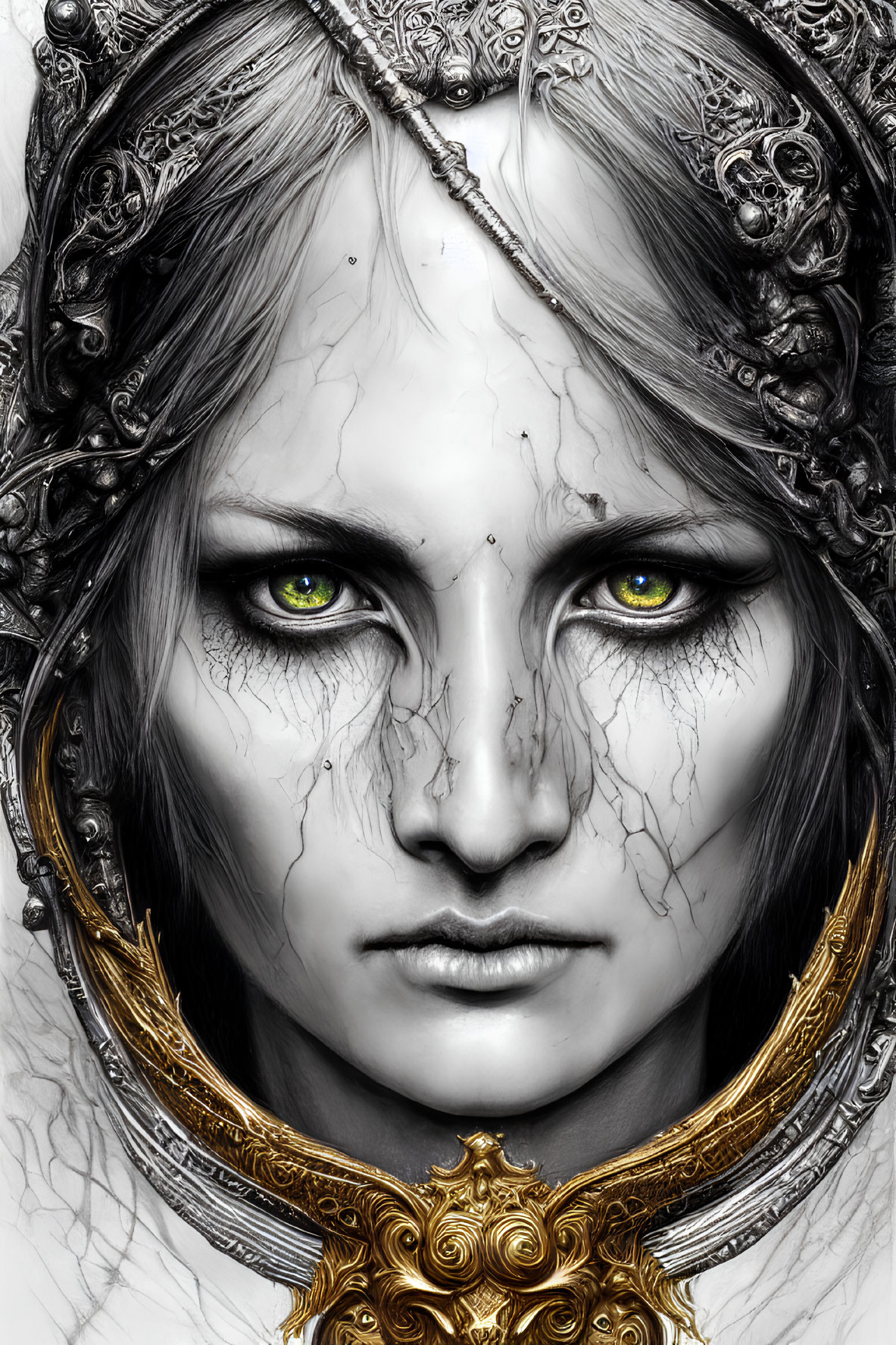 Monochrome illustration of person with green eyes and ornate metallic headgear.