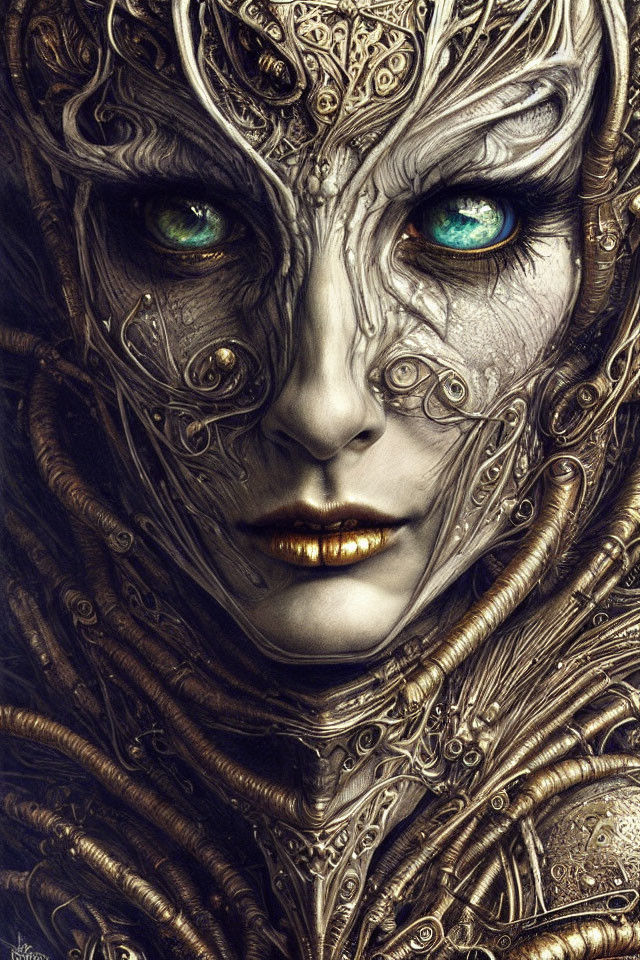 Detailed artwork featuring figure with metallic facial designs and vibrant blue eyes