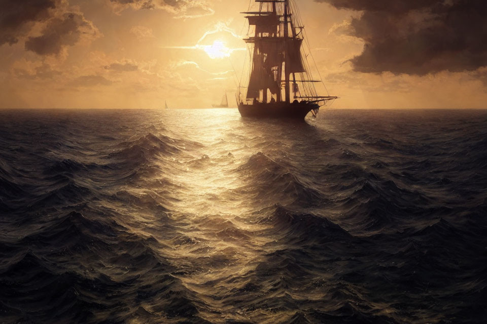 Sailing ship in choppy seas at sunset with golden sunlight.