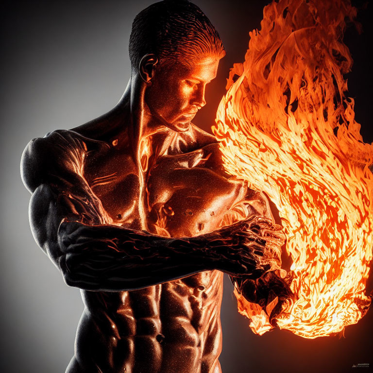 Muscular person painted as bronze statue with flame effect pose