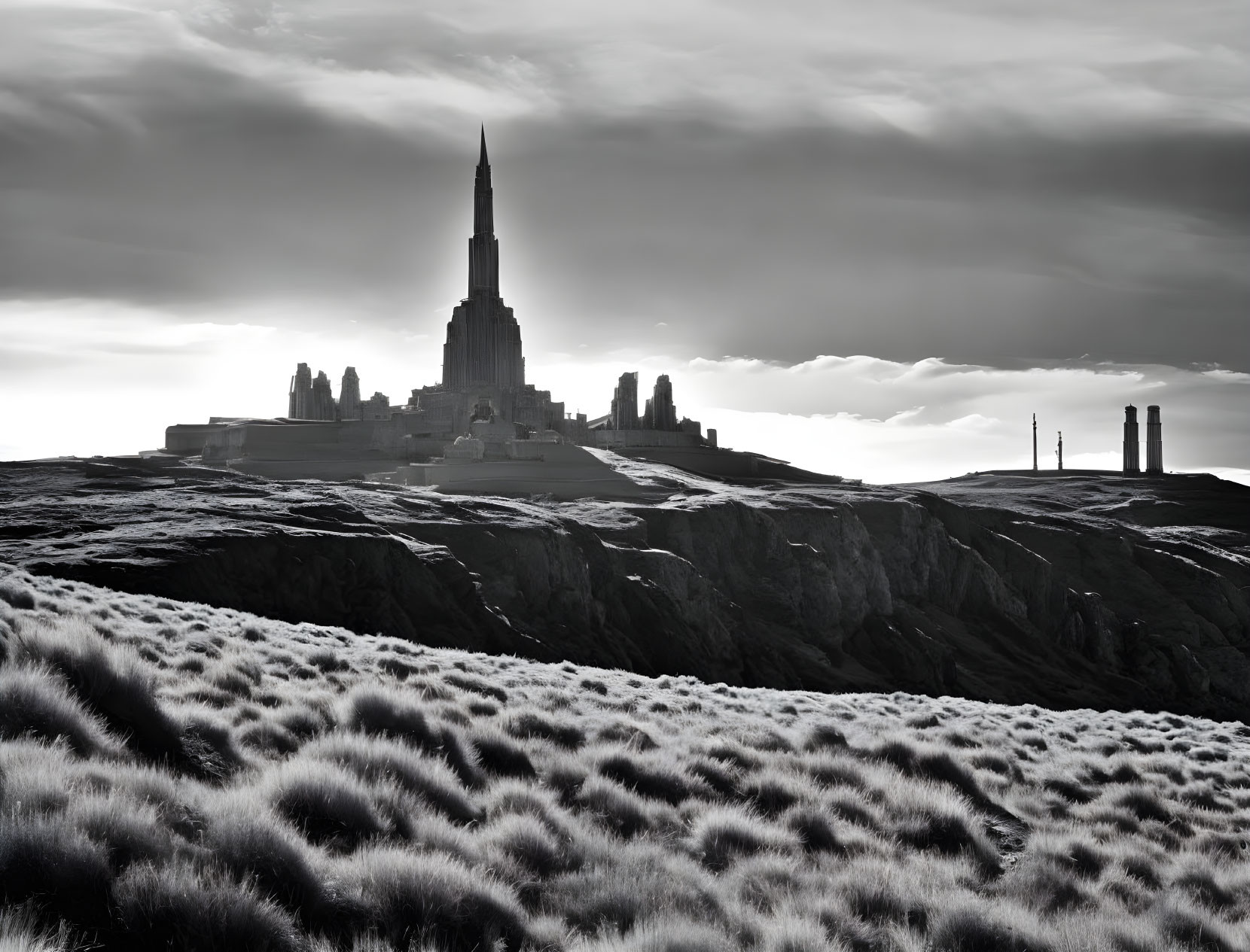 Dramatic black and white futuristic cityscape on rocky plateau