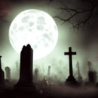 Cloaked figure in foggy cemetery under full moon