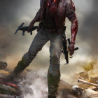 Detailed illustration of a zombie with exposed jaw, gun, in apocalyptic battlefield