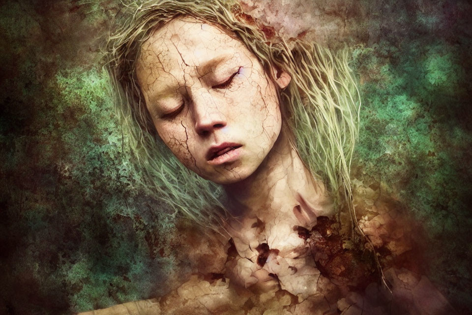 Melancholic woman with cracked skin against textured backdrop