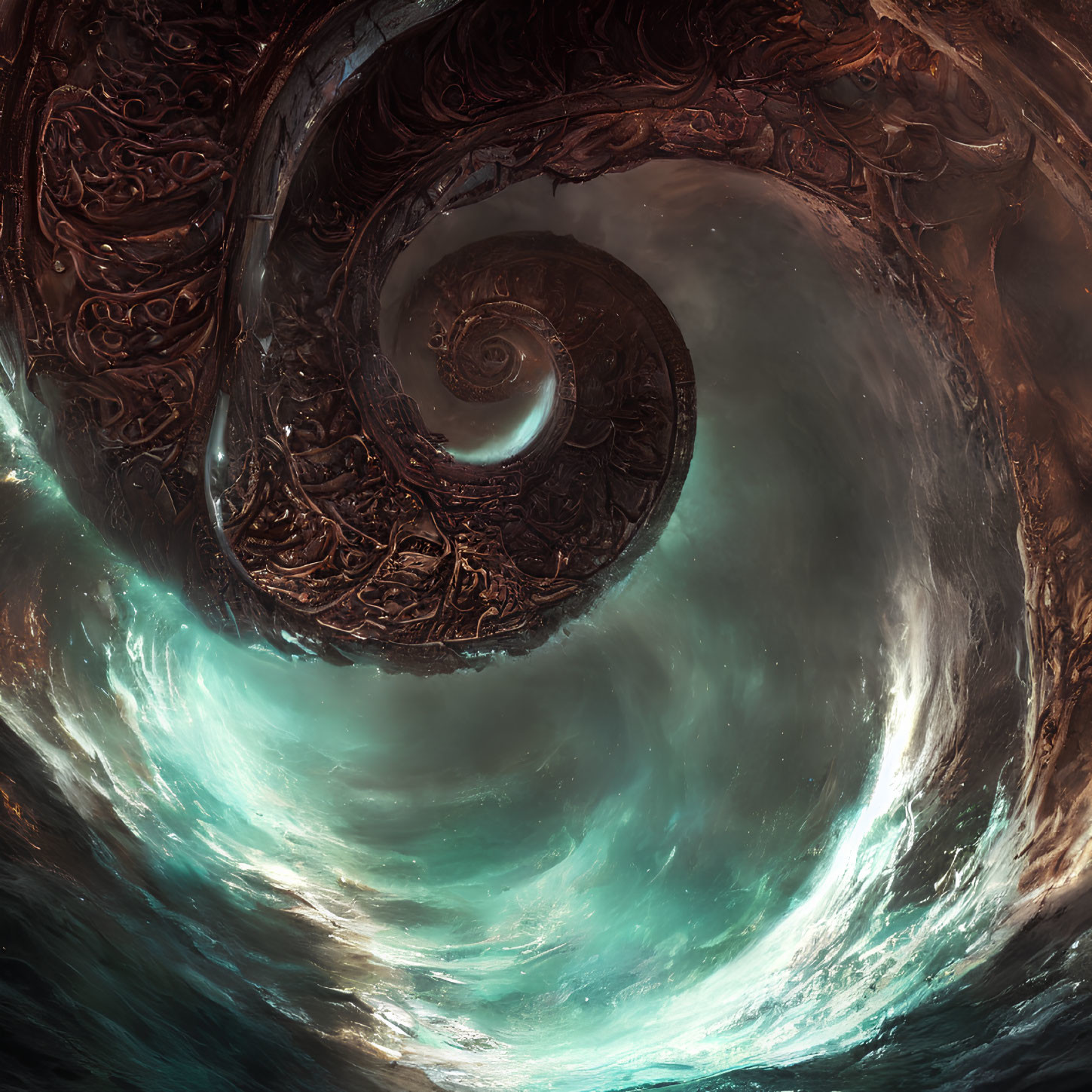 Intricate Spiral Structure Glowing Turquoise on Stormy Background