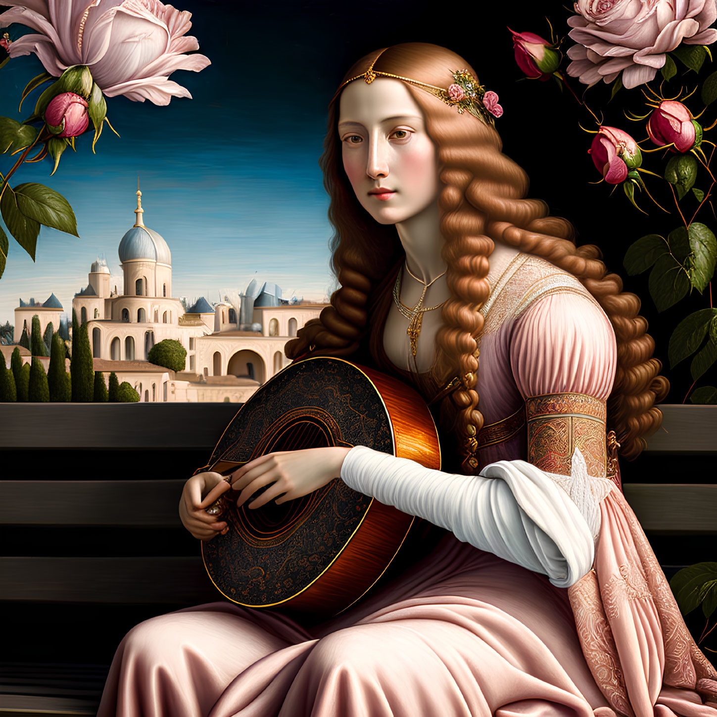 Woman with long wavy hair playing lute in pink dress by roses and cathedral