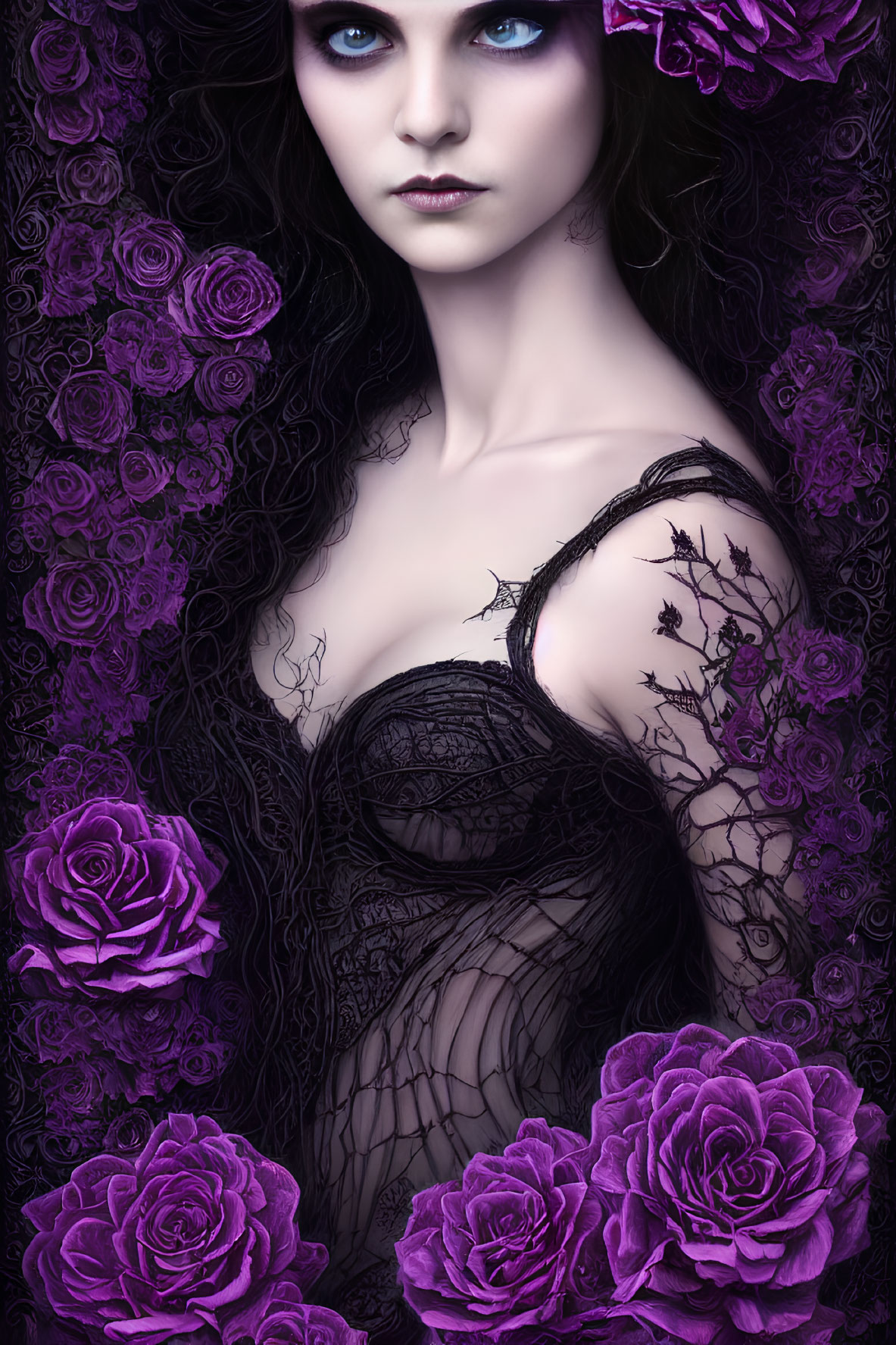 Gothic-themed artwork: Pale-skinned woman, blue eyes, dark roses, black lace