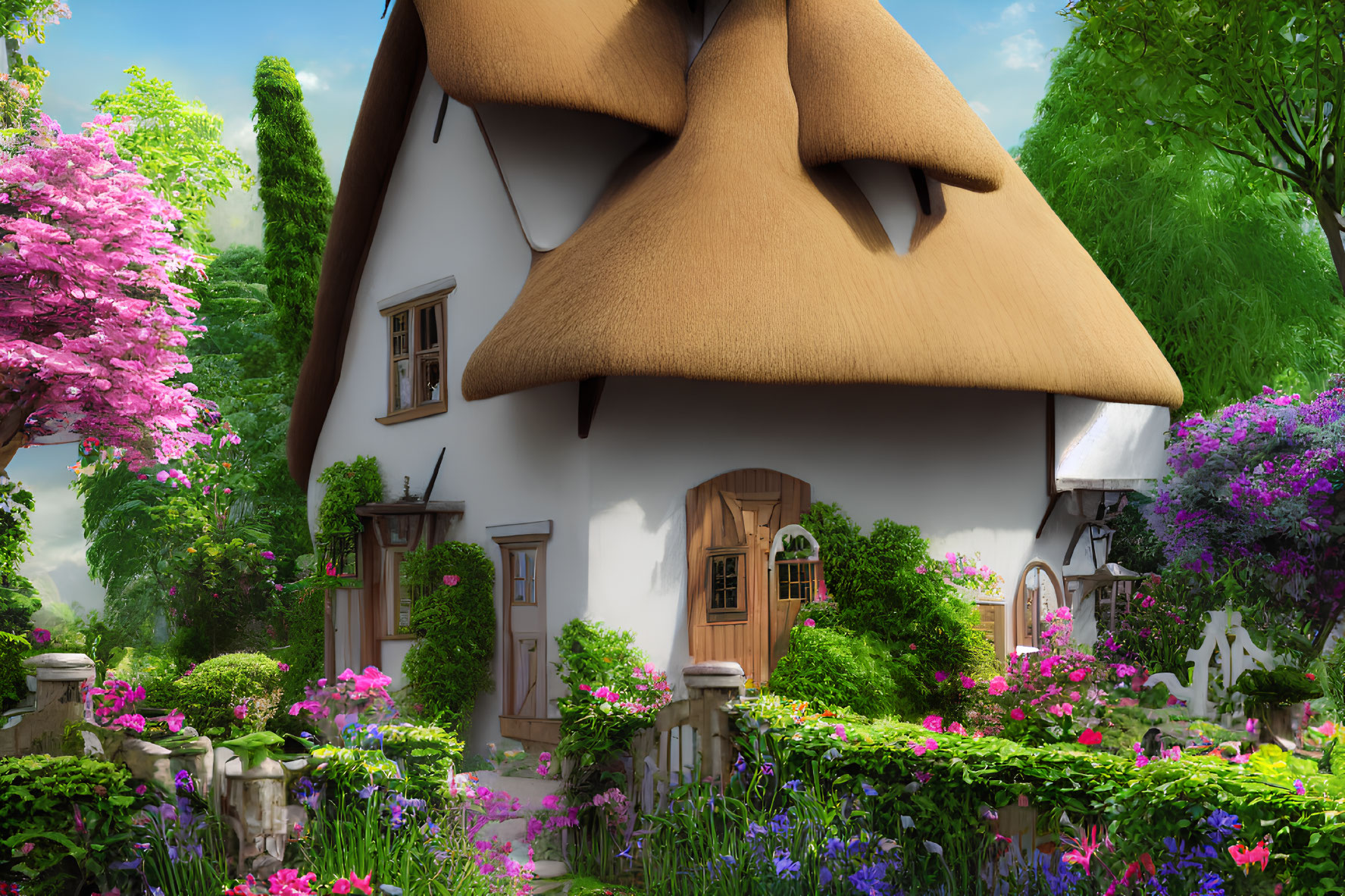 Thatched Roof Cottage Surrounded by Lush Gardens