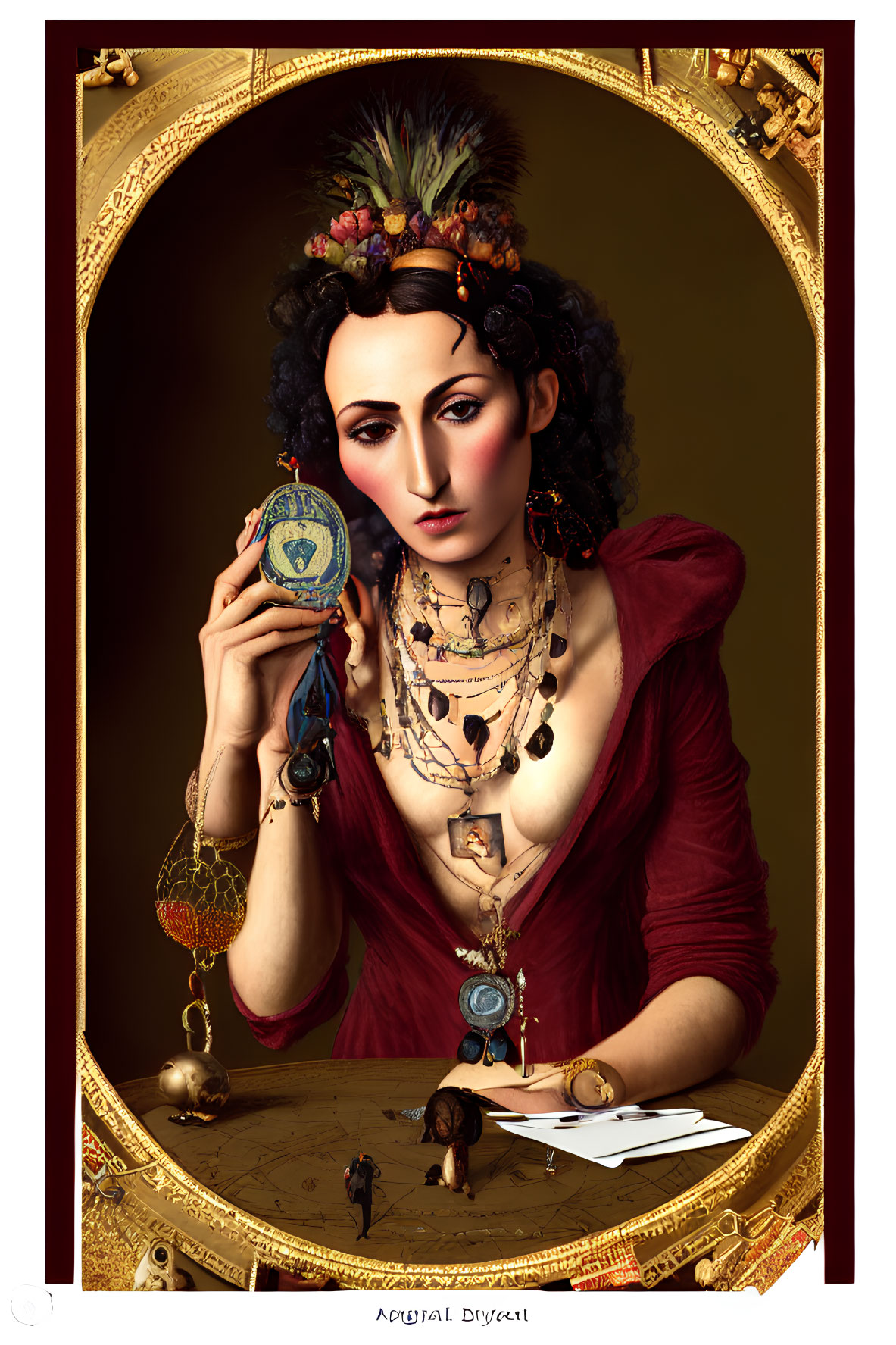 Woman in red dress with compass and ornate mirror surrounded by navigational tools