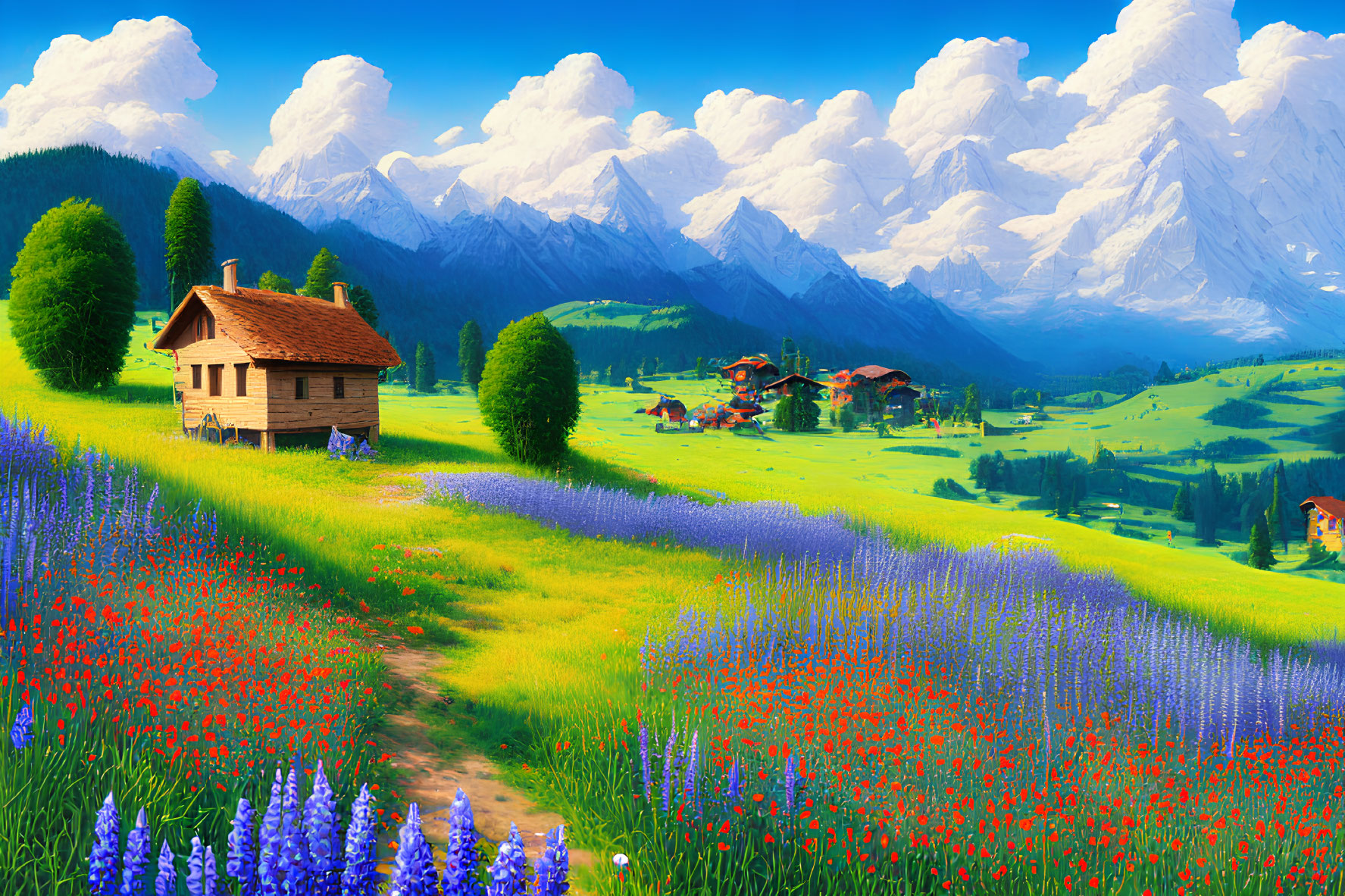 Scenic landscape with wooden cabin, wildflowers, valley, and mountains.