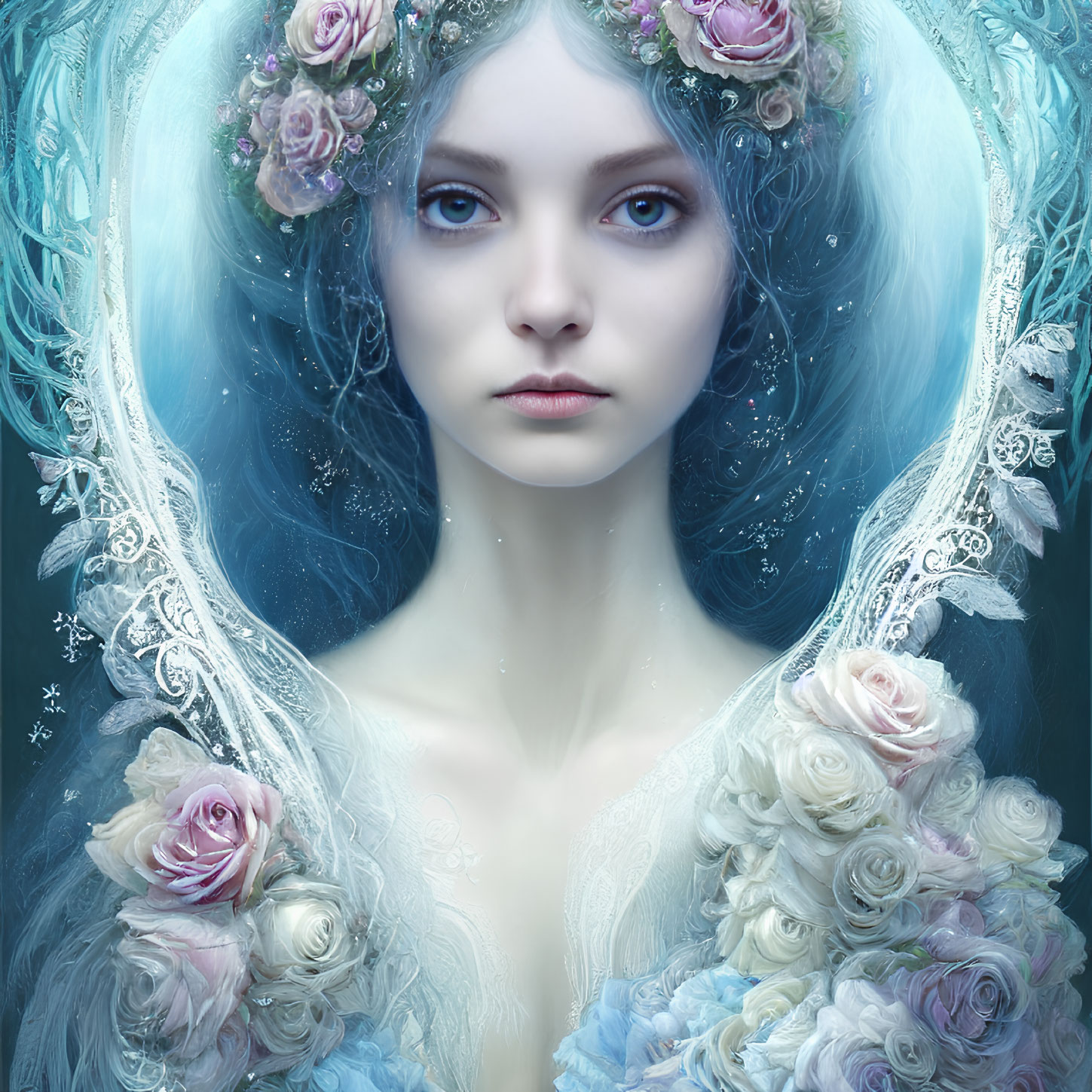 Portrait of Woman with Pale Skin, Blue Eyes, and Long Blue Hair with Pastel Flowers