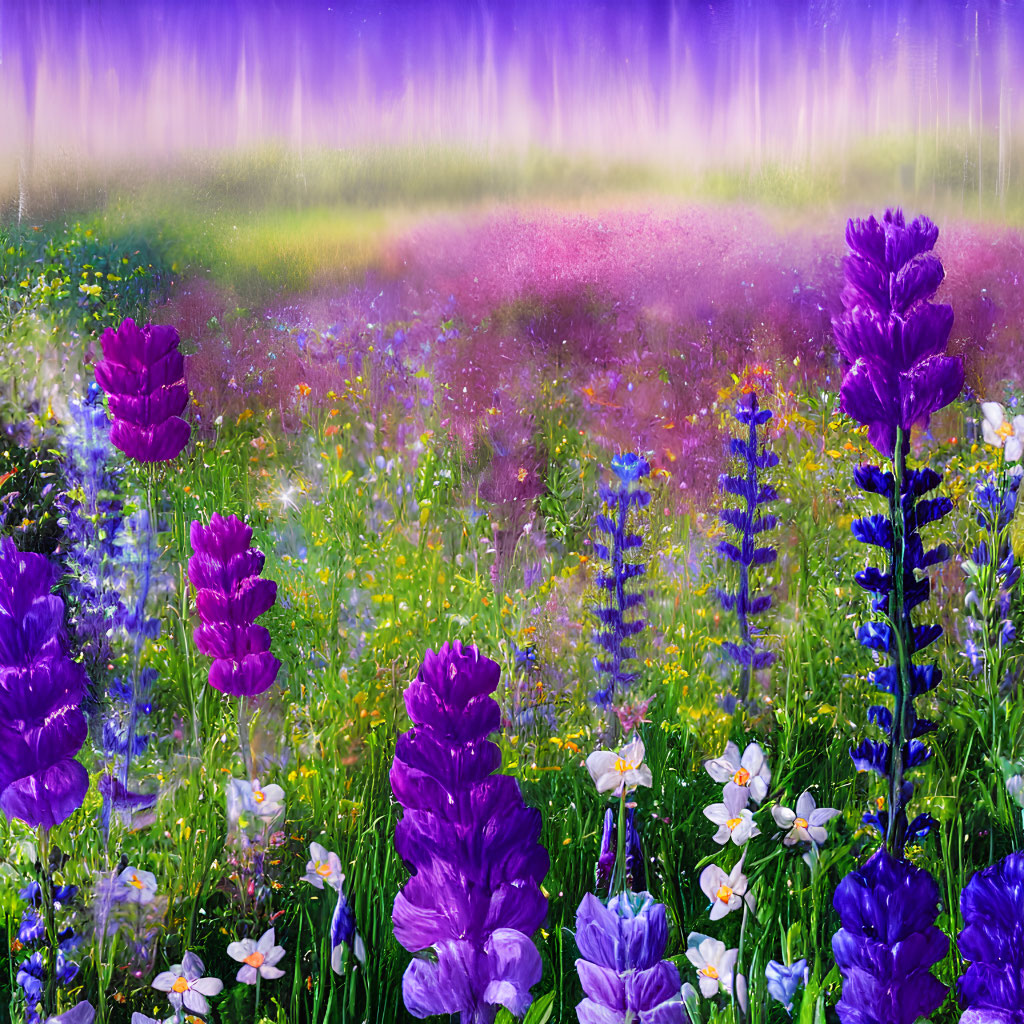 Vibrant Purple Flowers in Colorful Meadow with Misty Pastel Background