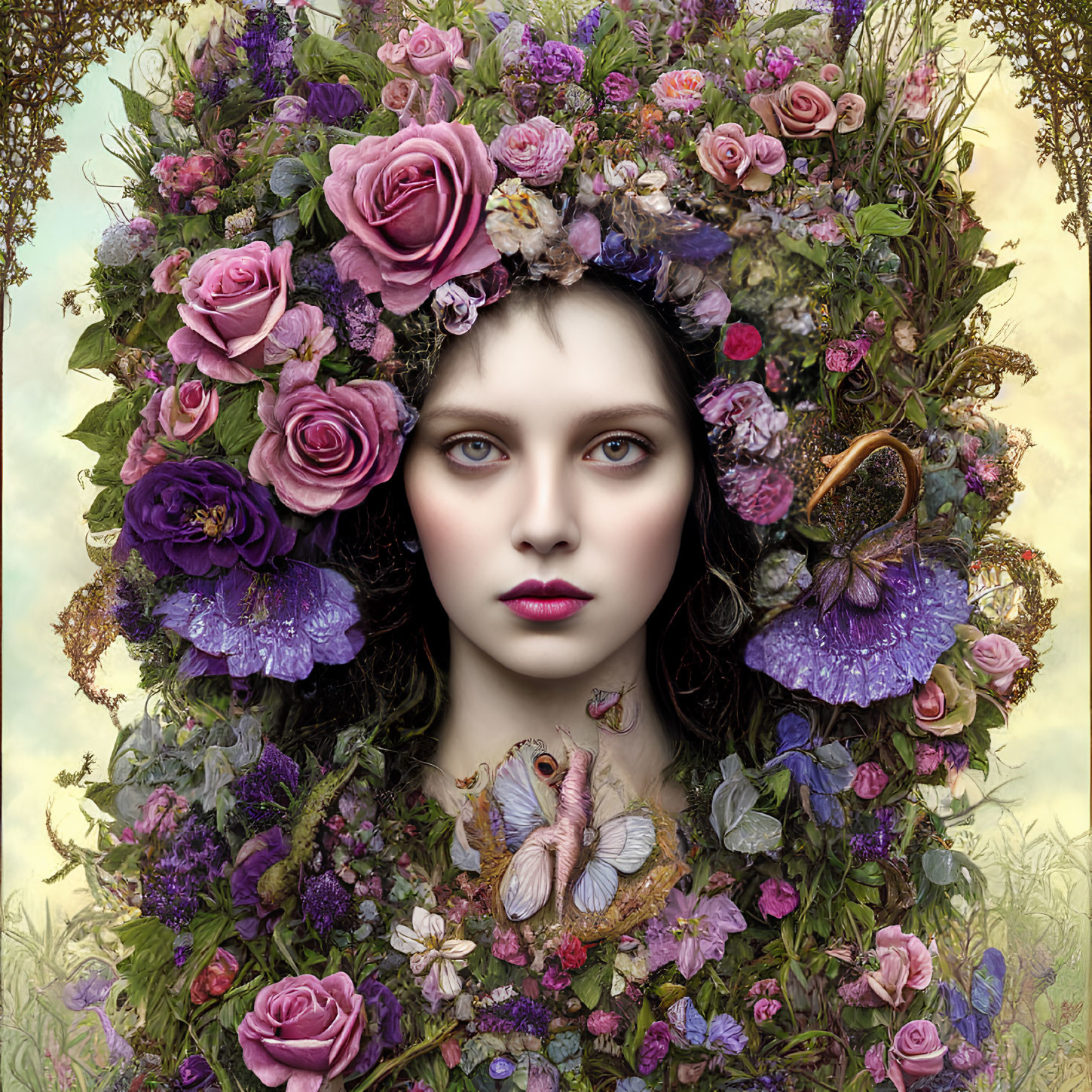 Digital art portrait of woman with floral headdress, roses, and butterflies against natural backdrop