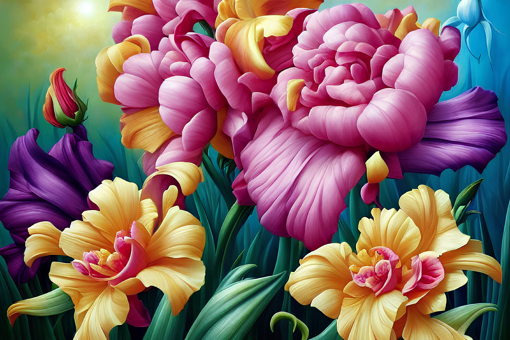 Colorful digital artwork featuring pink peonies, yellow daylilies, green foliage, and soft