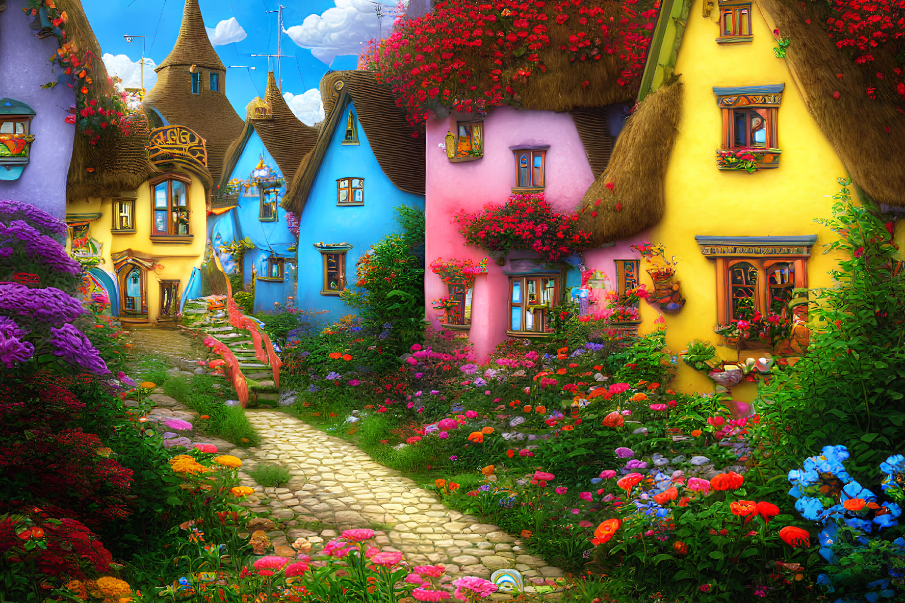 Colorful Thatched-Roof Cottages in Vibrant Fantasy Village