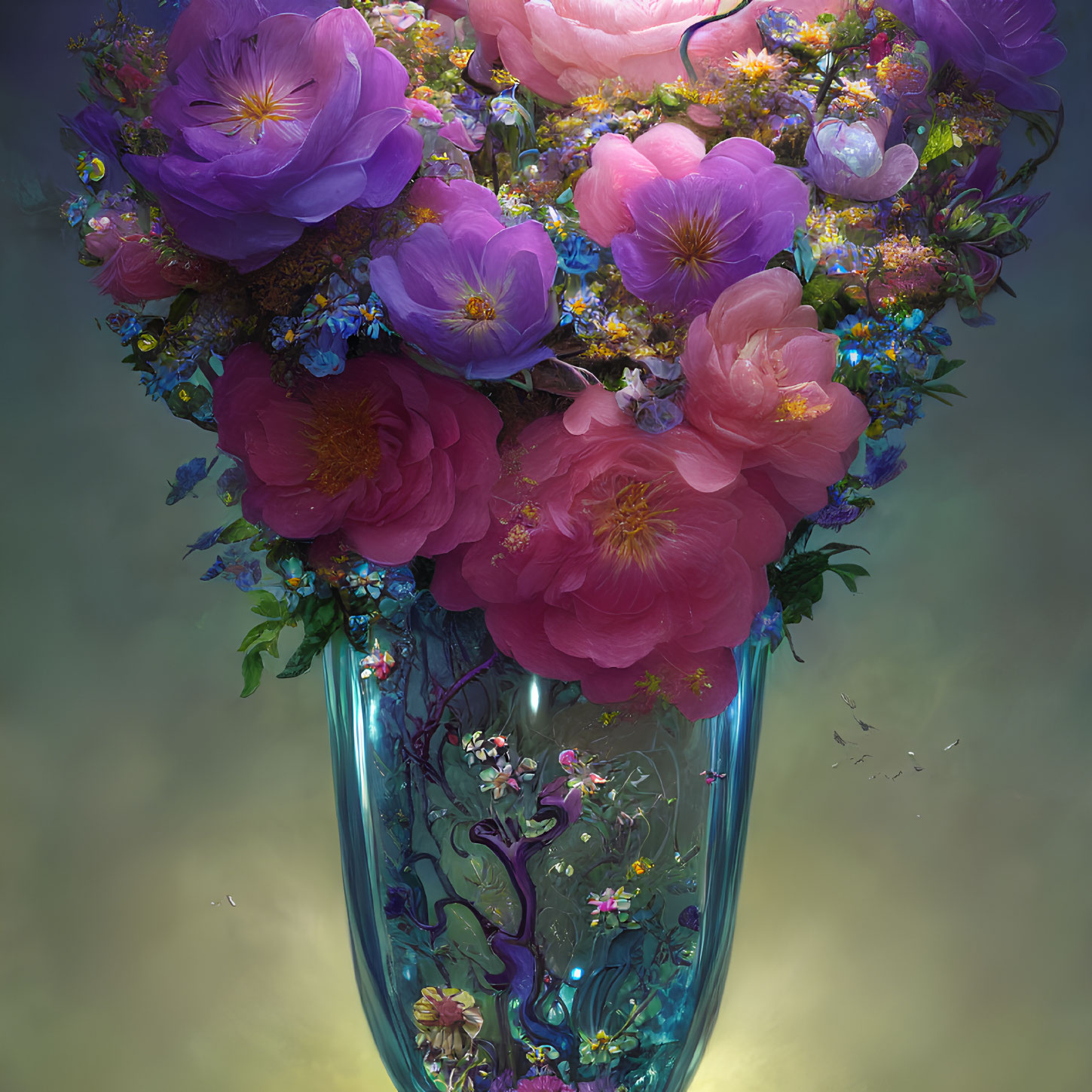 Translucent vase with vibrant pink and purple flowers on soft background