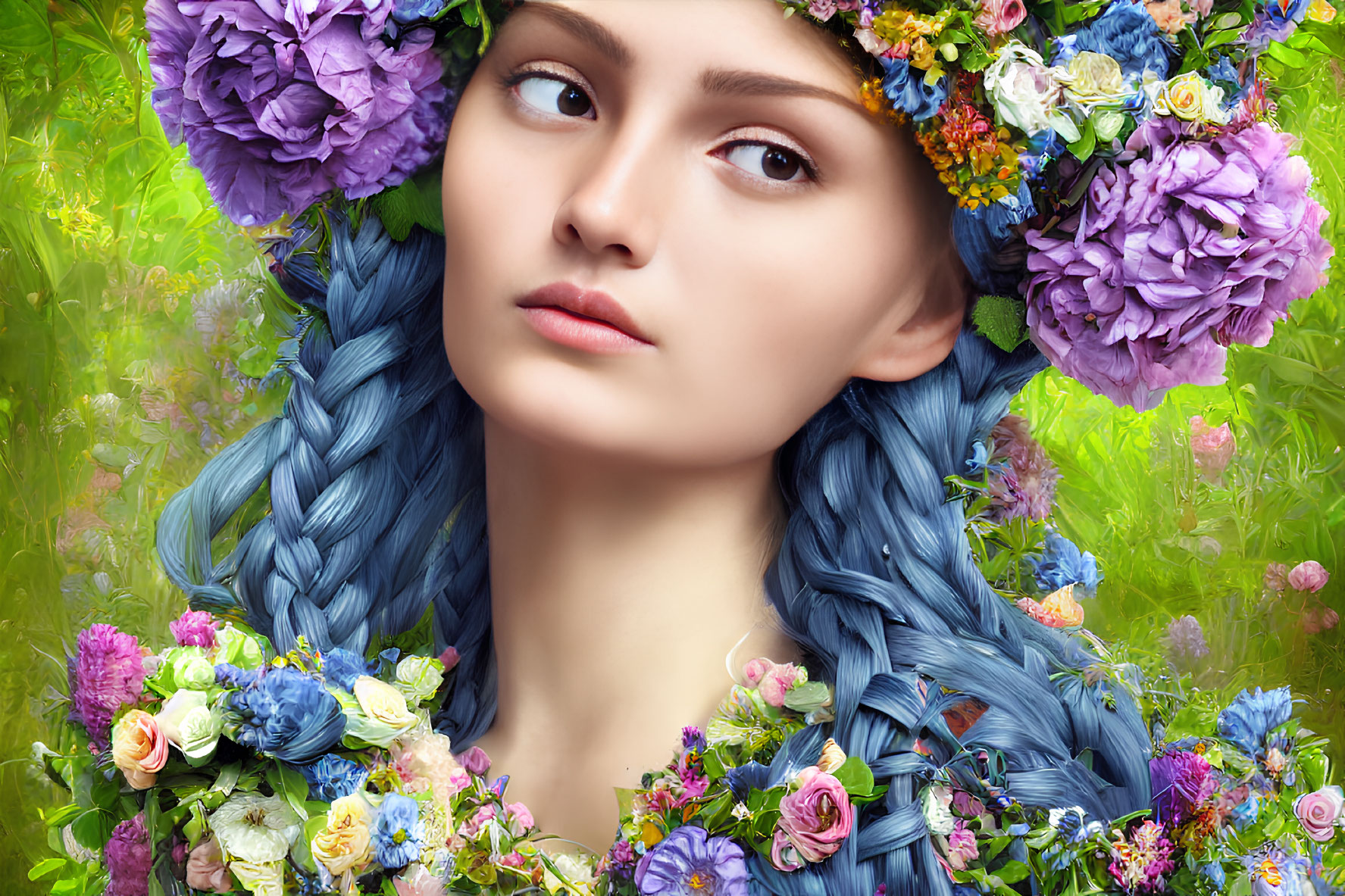 Woman with Blue Braided Hair and Floral Wreath in Lush Flower Setting