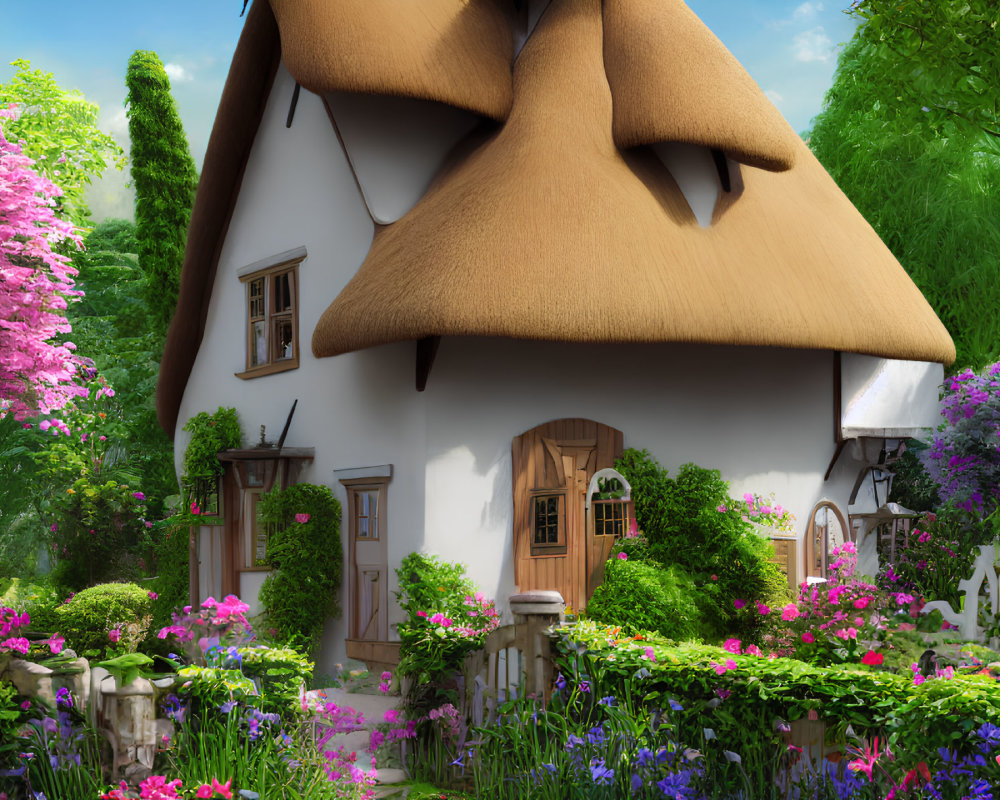 Thatched Roof Cottage Surrounded by Lush Gardens