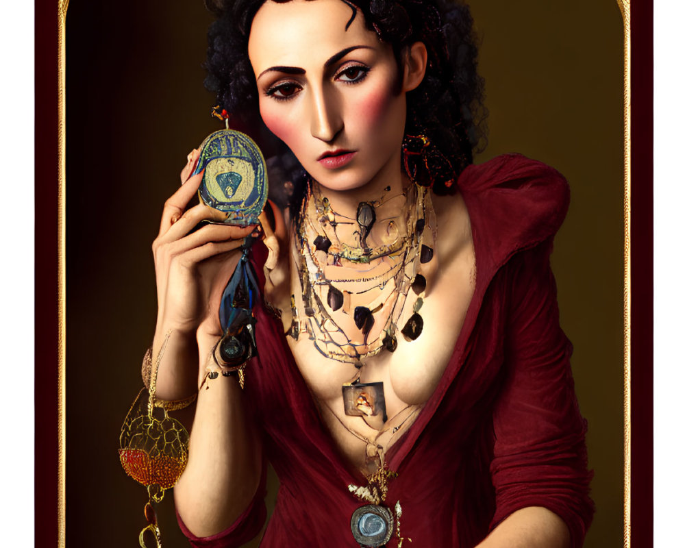 Woman in red dress with compass and ornate mirror surrounded by navigational tools