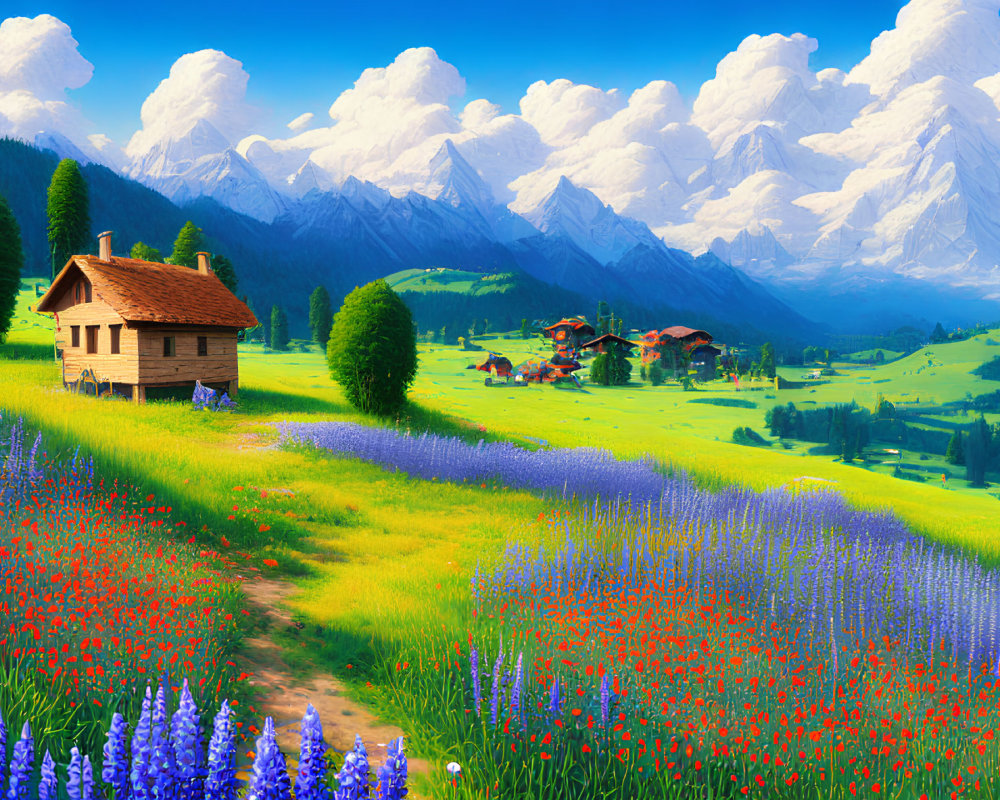 Scenic landscape with wooden cabin, wildflowers, valley, and mountains.