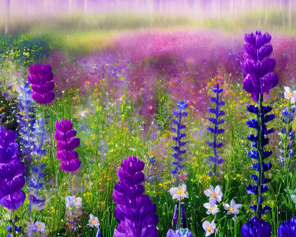 Vibrant Purple Flowers in Colorful Meadow with Misty Pastel Background