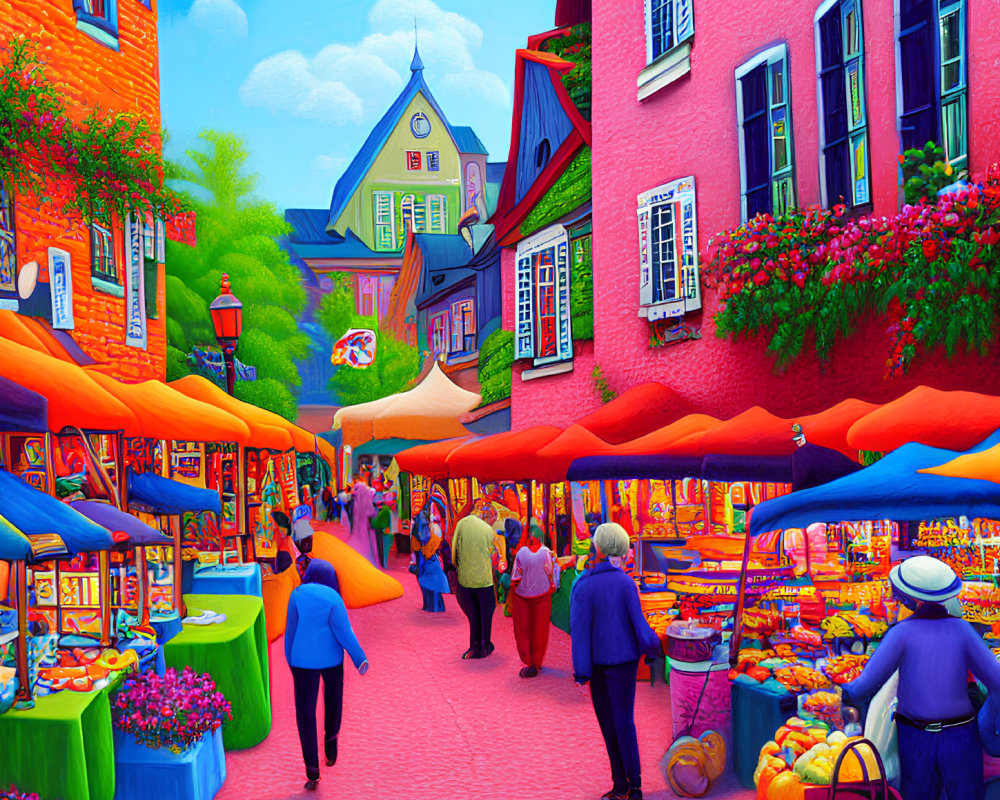 Colorful Outdoor Market Scene with Shoppers and Buildings Under Blue Sky