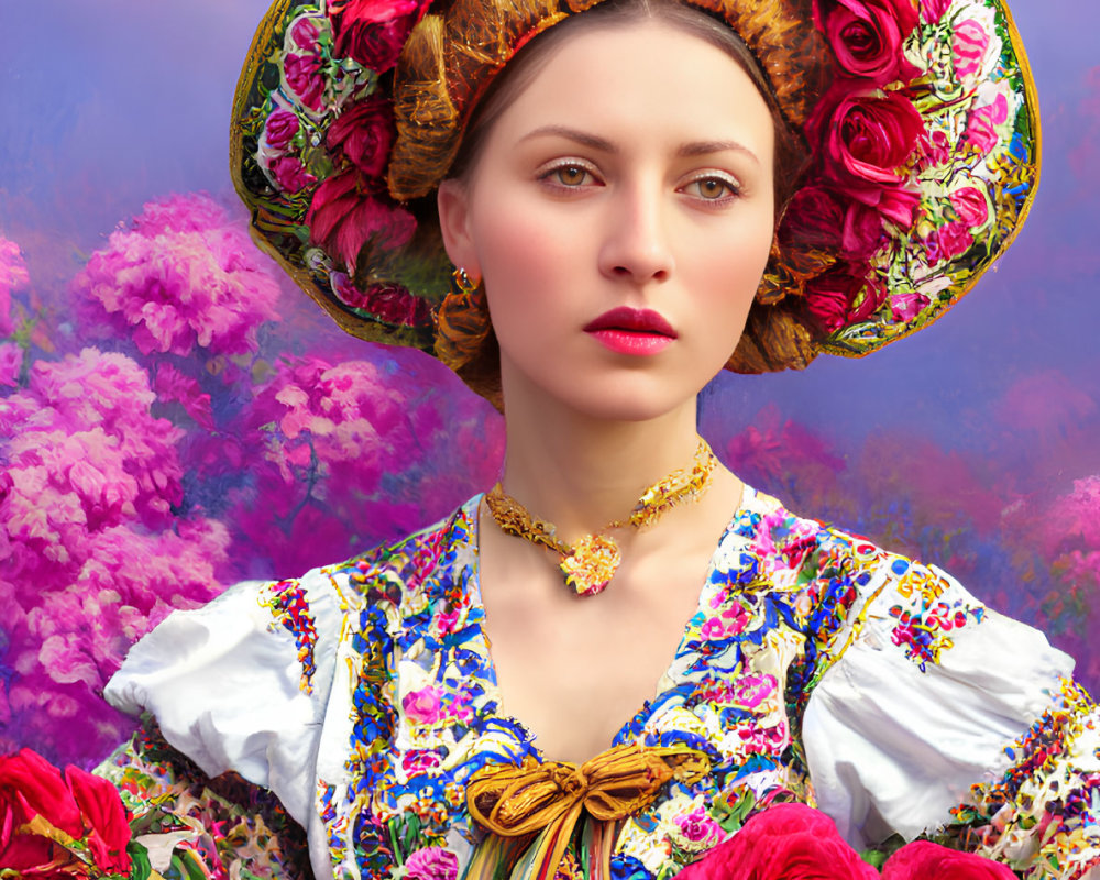 Traditional attire woman with floral headpiece against vibrant pink backdrop