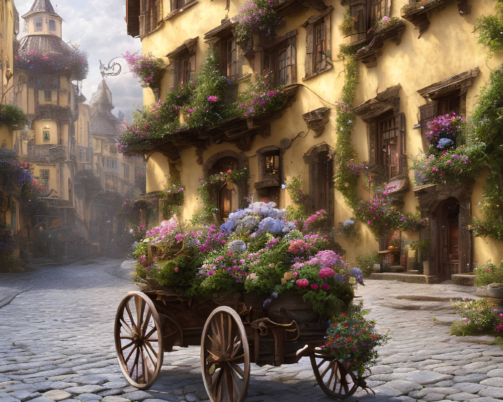 Scenic cobblestone street with flower cart and blooming buildings