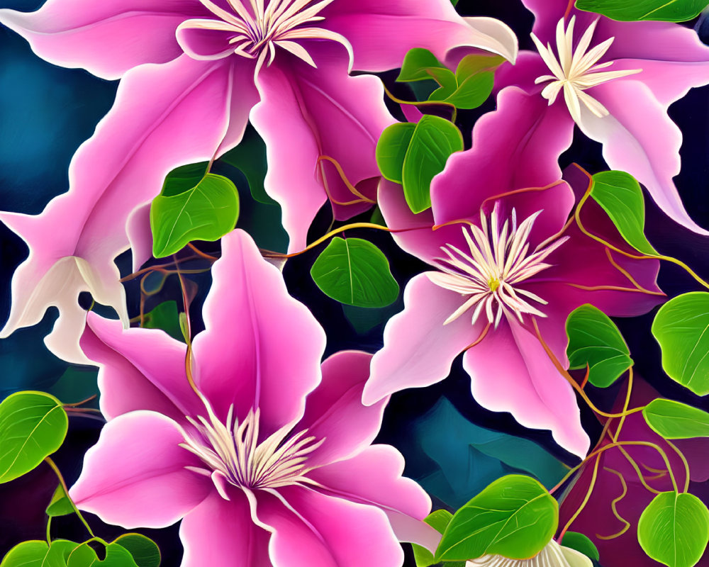 Colorful digital artwork featuring pink clematis flowers and green leaves on dark blue backdrop