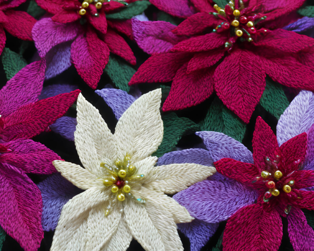 Vibrant fabric poinsettias in red, white, purple, green leaves, and golden