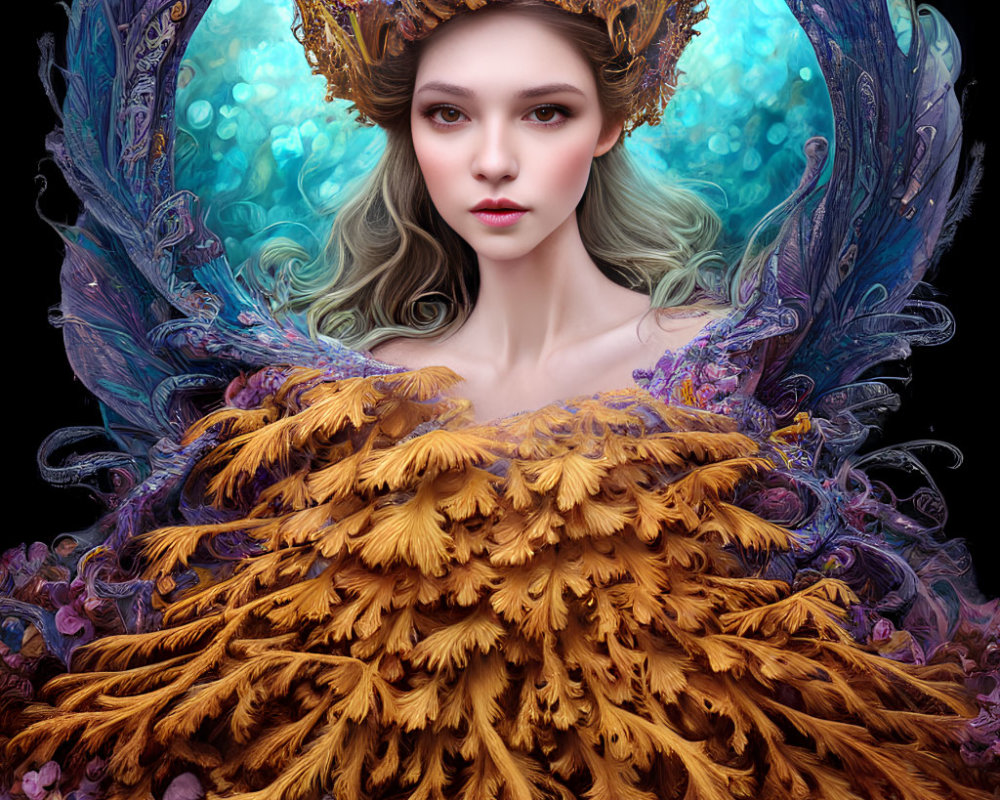 Fantasy portrait of woman with feathered crown and vibrant colors