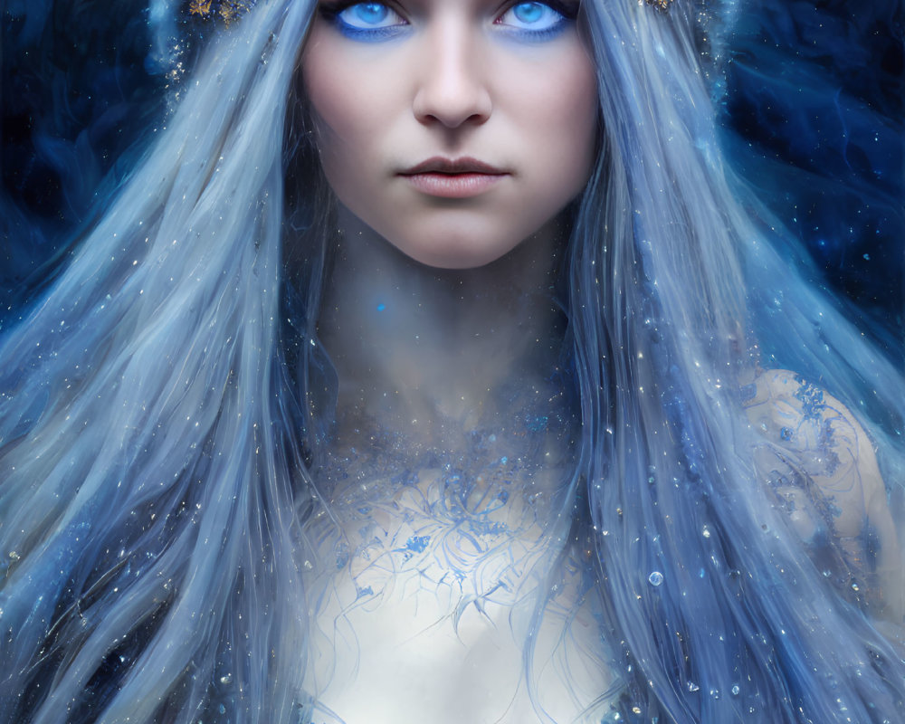 Fantasy-inspired image of person with blue eyes, pale blue hair, and floral skin patterns