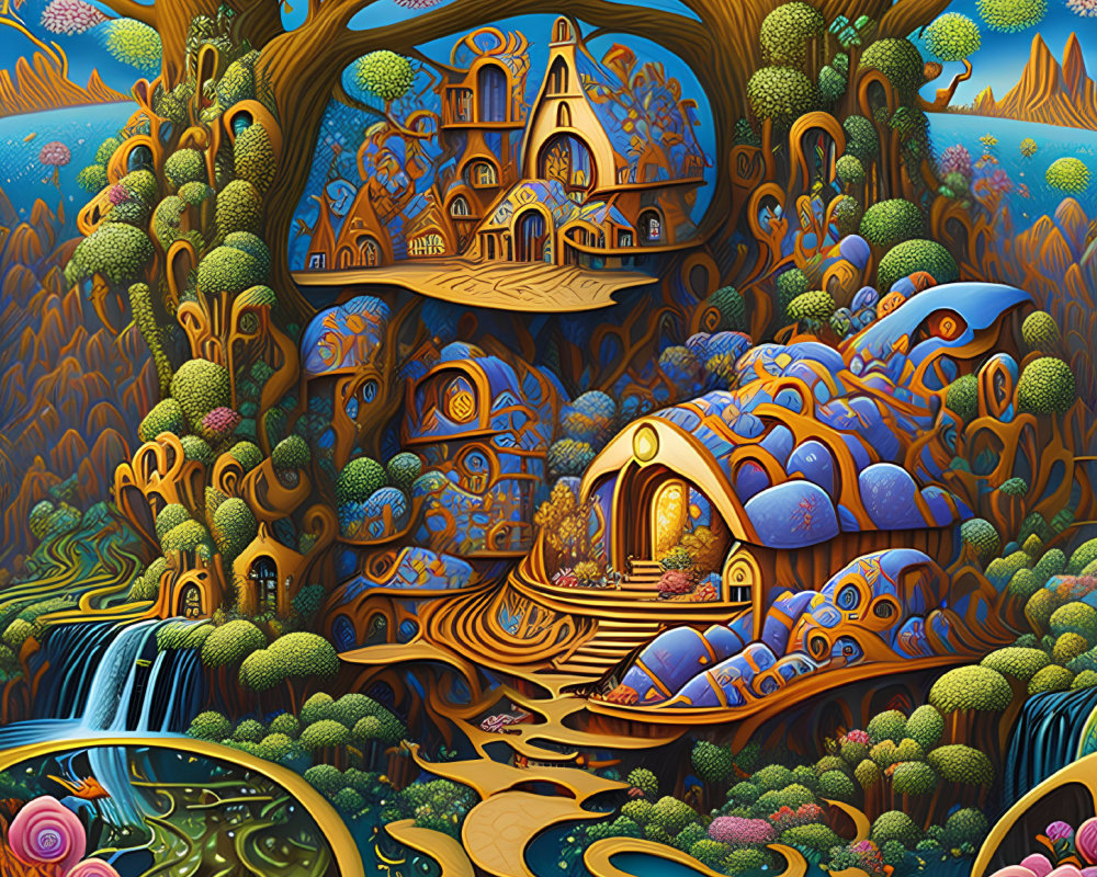 Detailed whimsical illustration of fantastical treehouses in vibrant nature scene