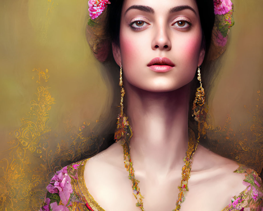 Illustration of woman with dark hair, pink floral crown, gold jewelry, rose pattern dress on golden