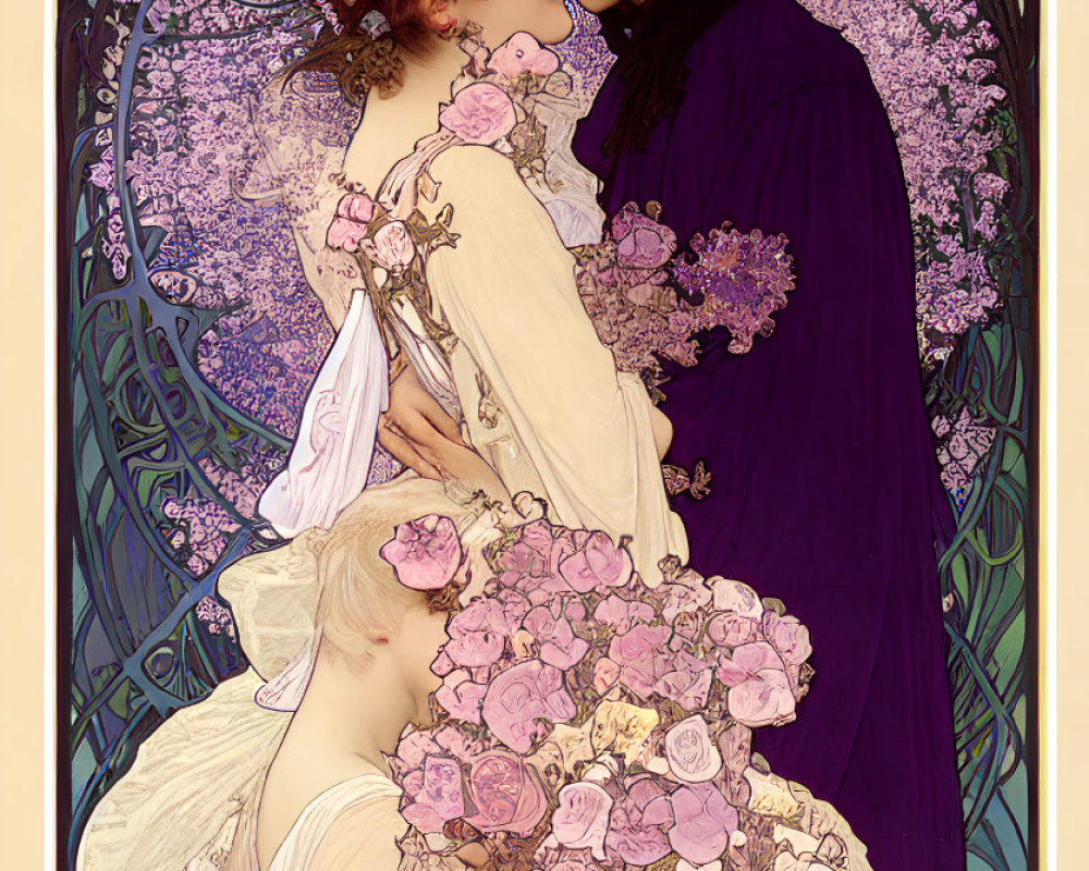 Art Nouveau Style Illustration of Embracing Couple with Floral Patterns