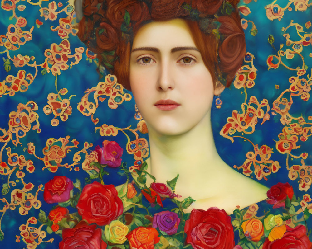 Portrait of woman with auburn hair surrounded by floral patterns