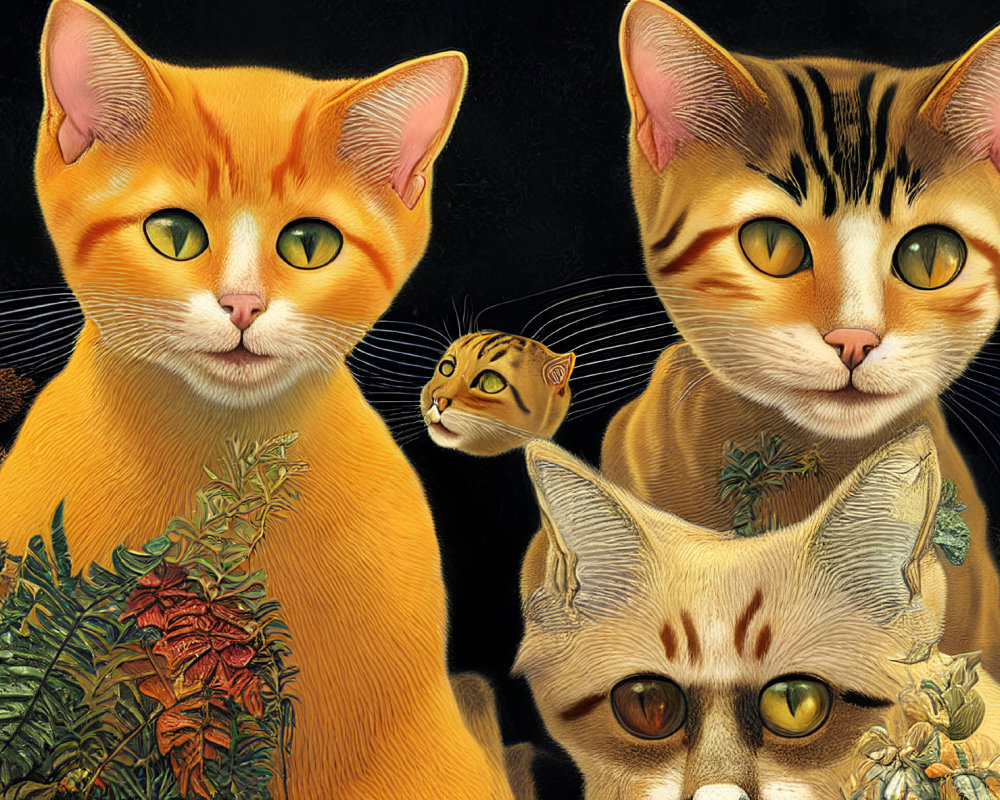 Detailed anthropomorphic cat illustration against dark flora background