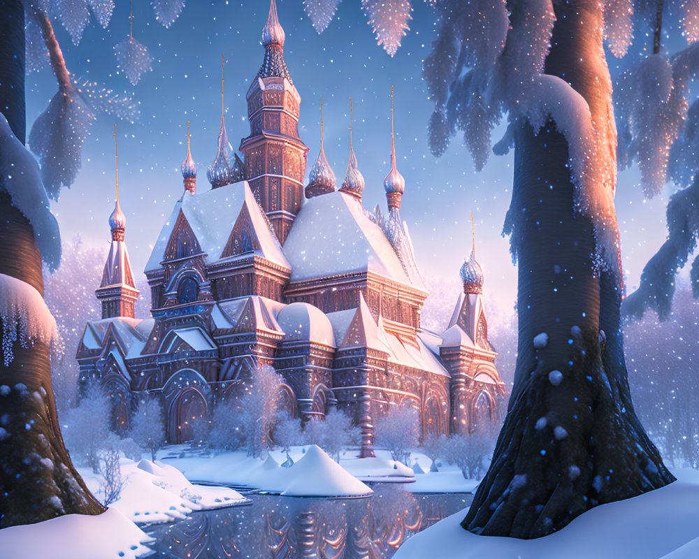 Snow-covered castle with ornate spires in enchanting winter scene