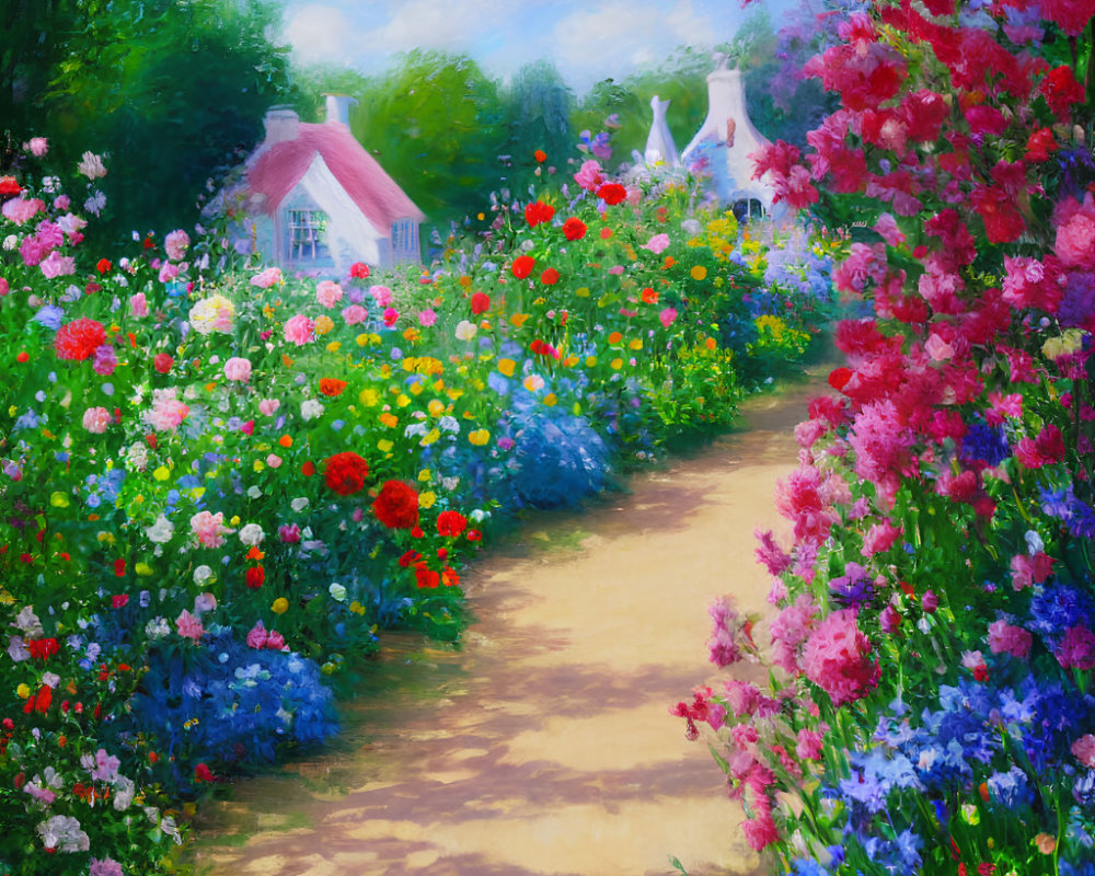 Colorful garden path to cottage under blue sky