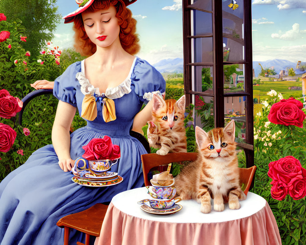 Vintage-style illustration of woman in blue dress with tea, kittens, and roses in pastoral scene